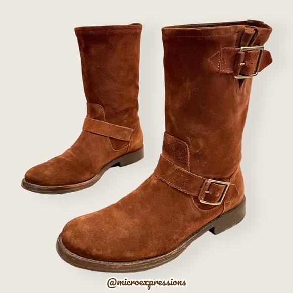 $389 Veronica Short Belted Brown Suede Leather Popular Moto Vintage Combat Boot - Picture 9 of 16